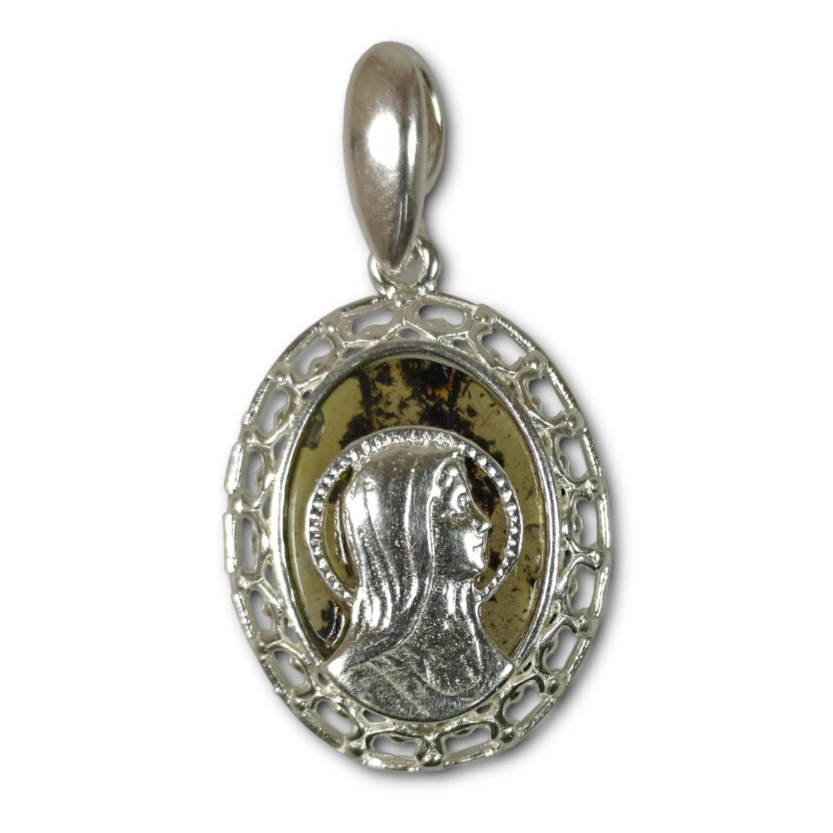 Medalik z bursztynem, Matka Boska. Srebro 925