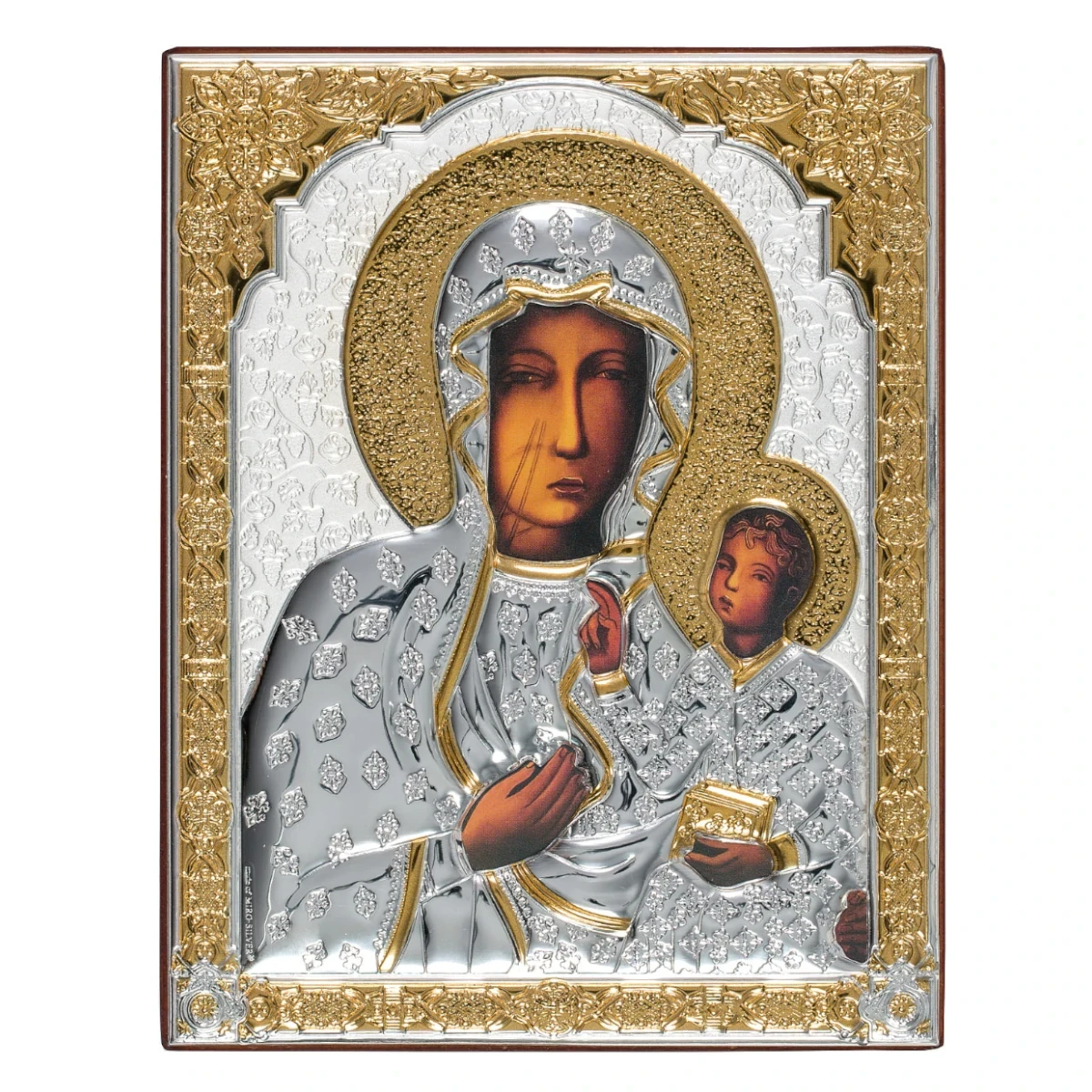 Matka Boska Częstochowska. Srebrny Obrazek ze złoceniami. Średni.