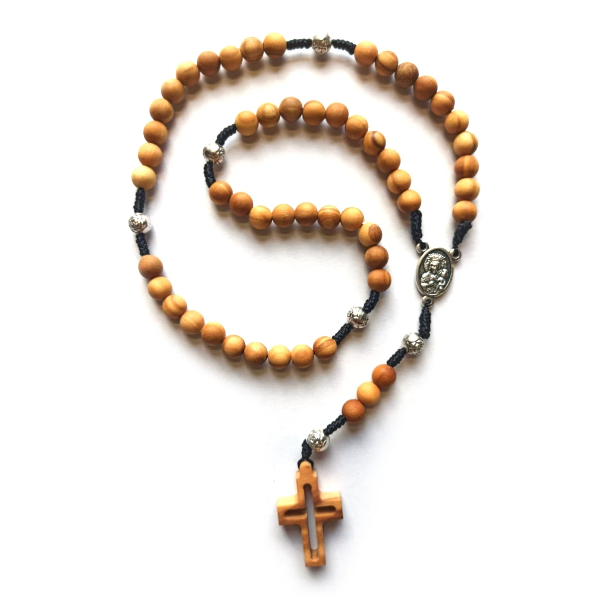 Różaniec drewniany z drzewa oliwnego. Krzyż drewniany
