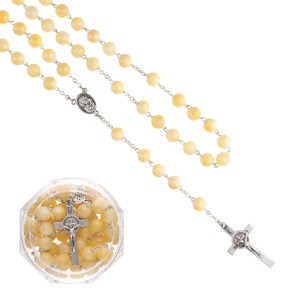 Różaniec z kamienia naturalnego  Nefryt bursztynowy. Łączony metalem. 