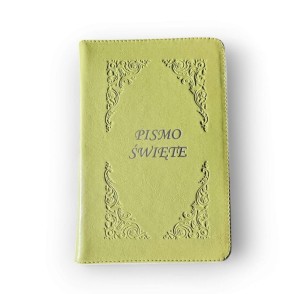 Biblia z kolorową wkładką - oprawa miękka, skóra w kolorze zielonym limonkowym. Paginatory. 