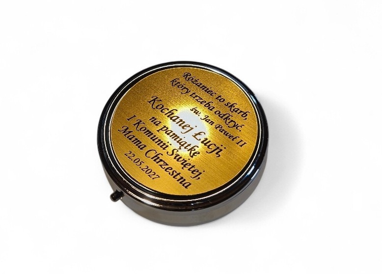 Pudełko na różaniec - metalowe personalizowany grawer złoty