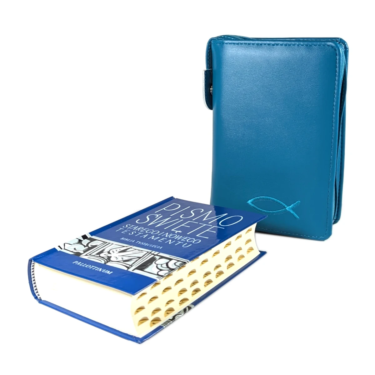 Biblia tysiąclecia, format oazowy, paginowana w Etui turkusowym z haftem.