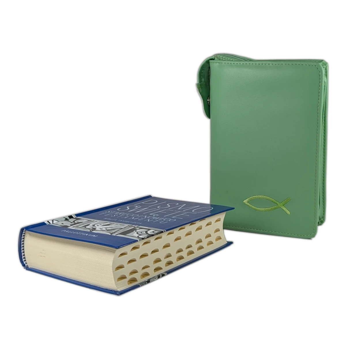 Biblia tysiąclecia, format oazowy, paginowana w Etui jasno zielonym z haftem.