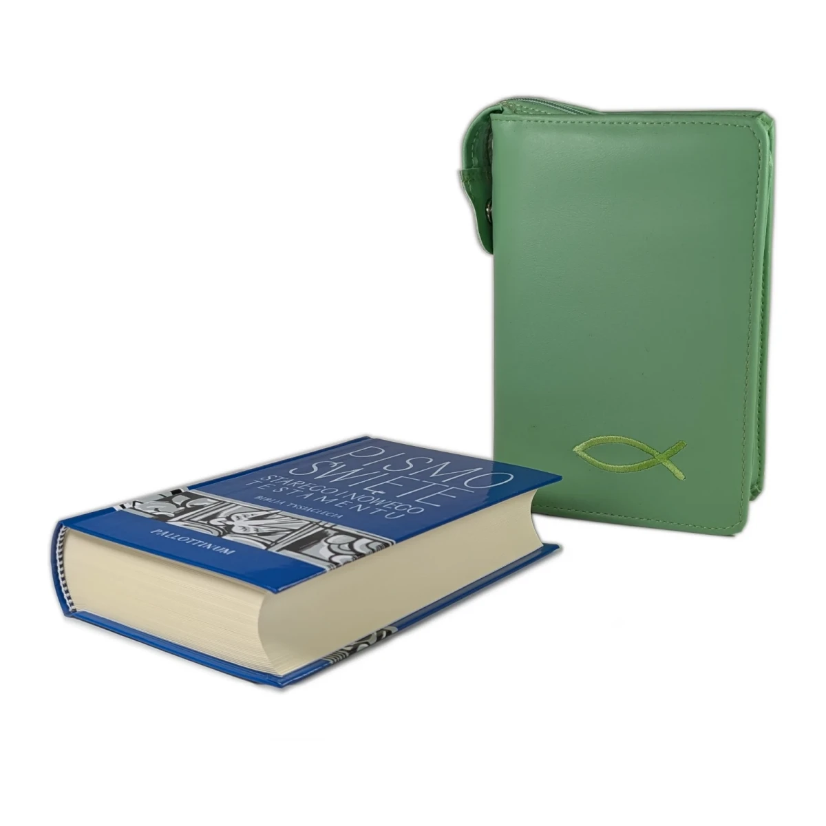 Biblia tysiąclecia, format oazowy w Etui jasno zielonym z haftem.