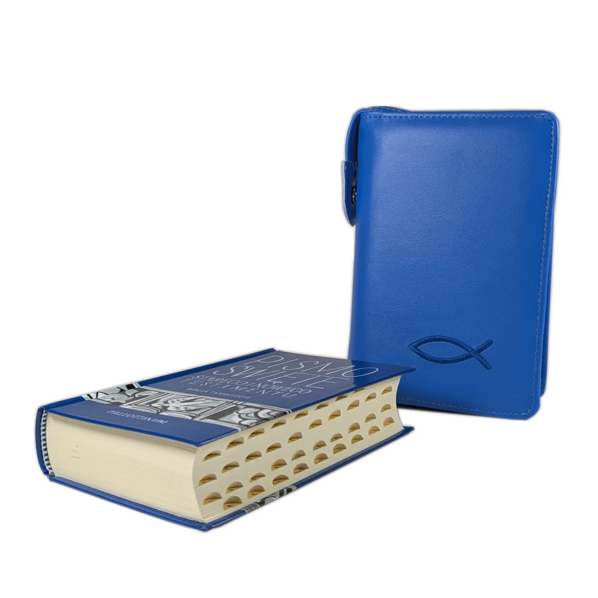 Biblia tysiąclecia, format oazowy, paginowana w Etui niebieskim z haftem.