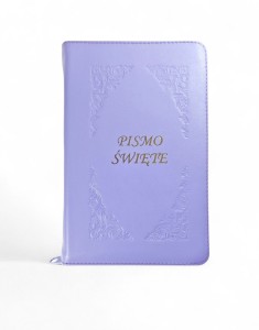 Biblia z kolorową wkładką - oprawa miękka, skóra w kolorze lawendowym. Paginatory. 