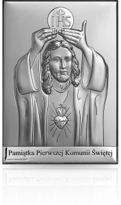 Obrazek srebrny. Pamiątka I Komunii Świętej z Wizerunkiem Jezusa Eucharystycznego