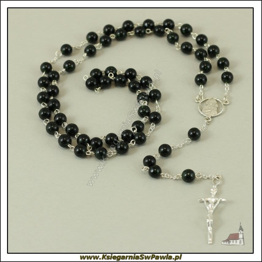 Różaniec szmaragd nilu łączony srebrem. Krzyż papieski