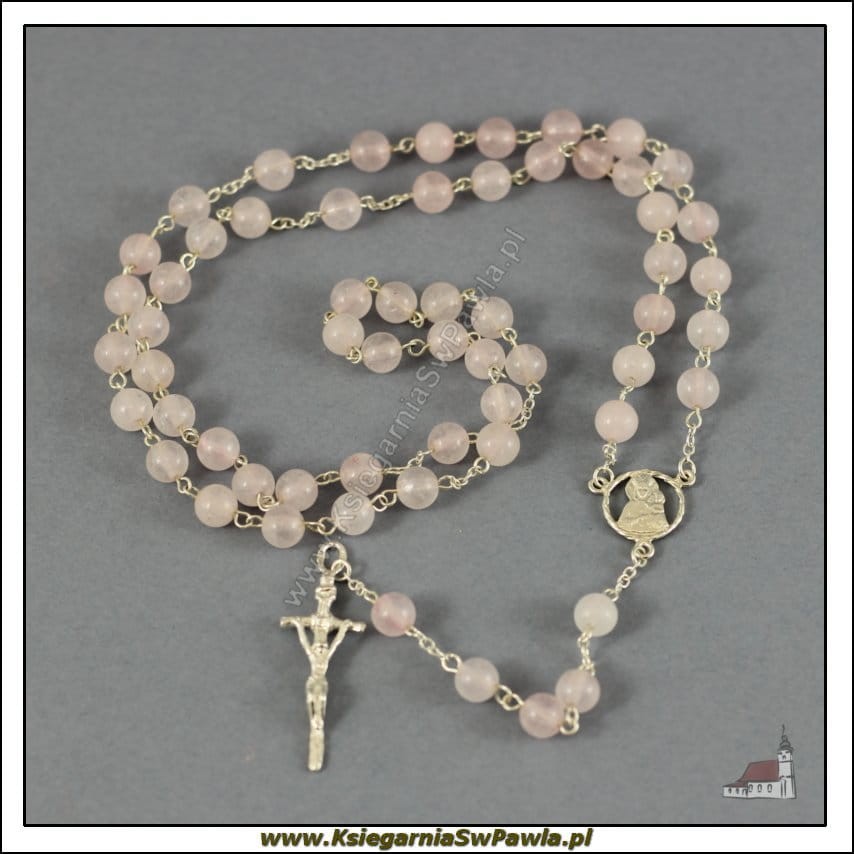 Różaniec z kwarcu w kolorze różowym, łączony srebrem, kamień naturalny