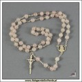 Różaniec z kwarcu w kolorze różowym, łączony srebrem, kamień naturalny