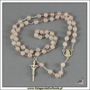 Różaniec z kwarcu w kolorze różowym, łączony srebrem, kamień naturalny