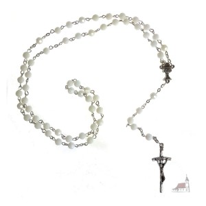 Różaniec biały, fasetowany. Pamiątka Pierwszej Komunii Świętej. 