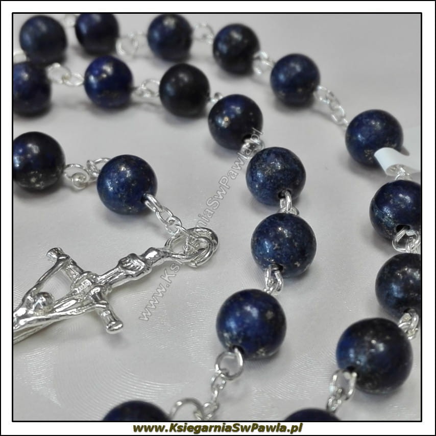 Różaniec Lazuryt łączony srebrem. Krzyż Papieski