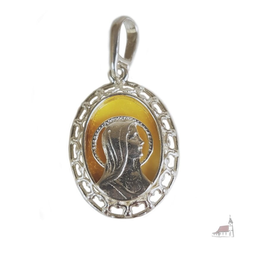 Medalik z bursztynem, Matka Boska. Srebro 925