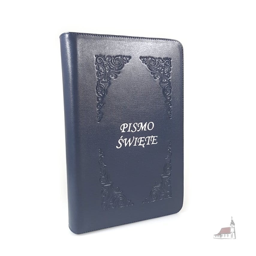 Biblia z kolorową wkładką - oprawa miękka, skóra w kolorze niebieskim. Paginatory.