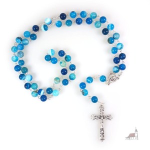 Różaniec z kamienia naturalnego, Agat niebieski. Łączony metalem. 