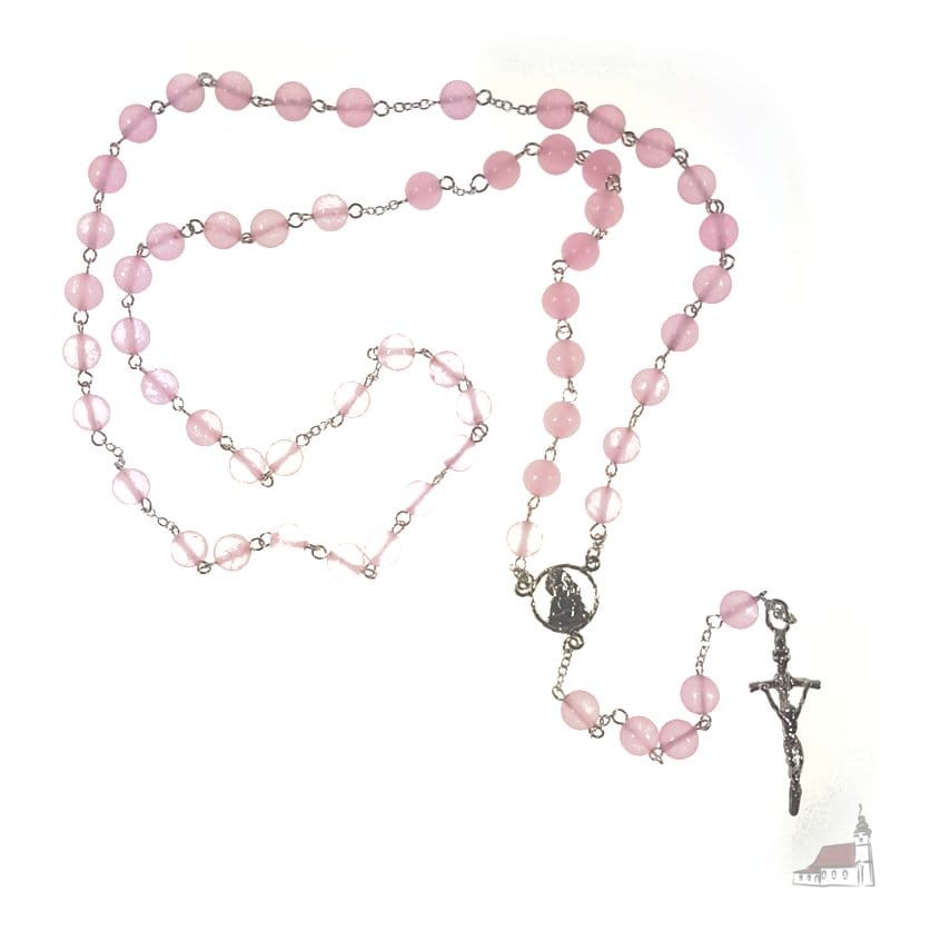 Różaniec różowy jadeit łączony srebrem. Krzyż Papieski.