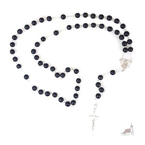 Różaniec black stone czarrny łączony srebrem. Krzyż Papieski 