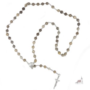 Różaniec z kamienia naturalnego. Krzemień pasiasty. Łączony srebrem