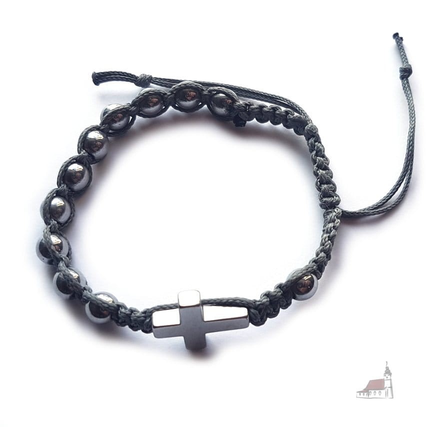 Różaniec bransoletka, dziesiątka na sznurku. Hematyt srebrny