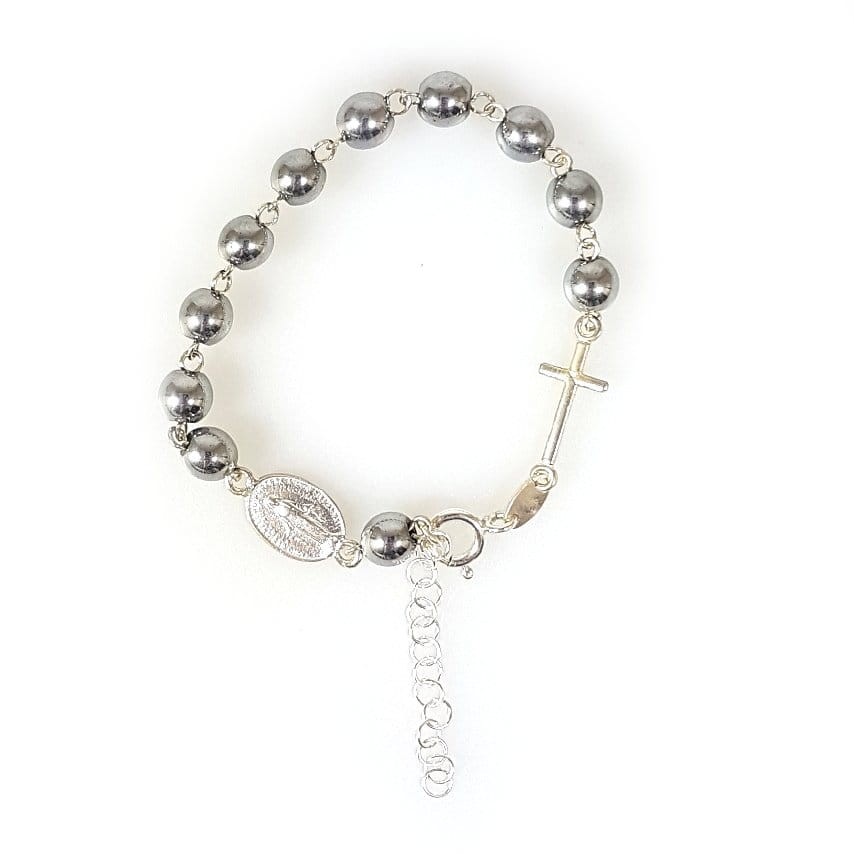 Różaniec bransoletka, dziesiątka. Hematyt w kolorze srebrnym