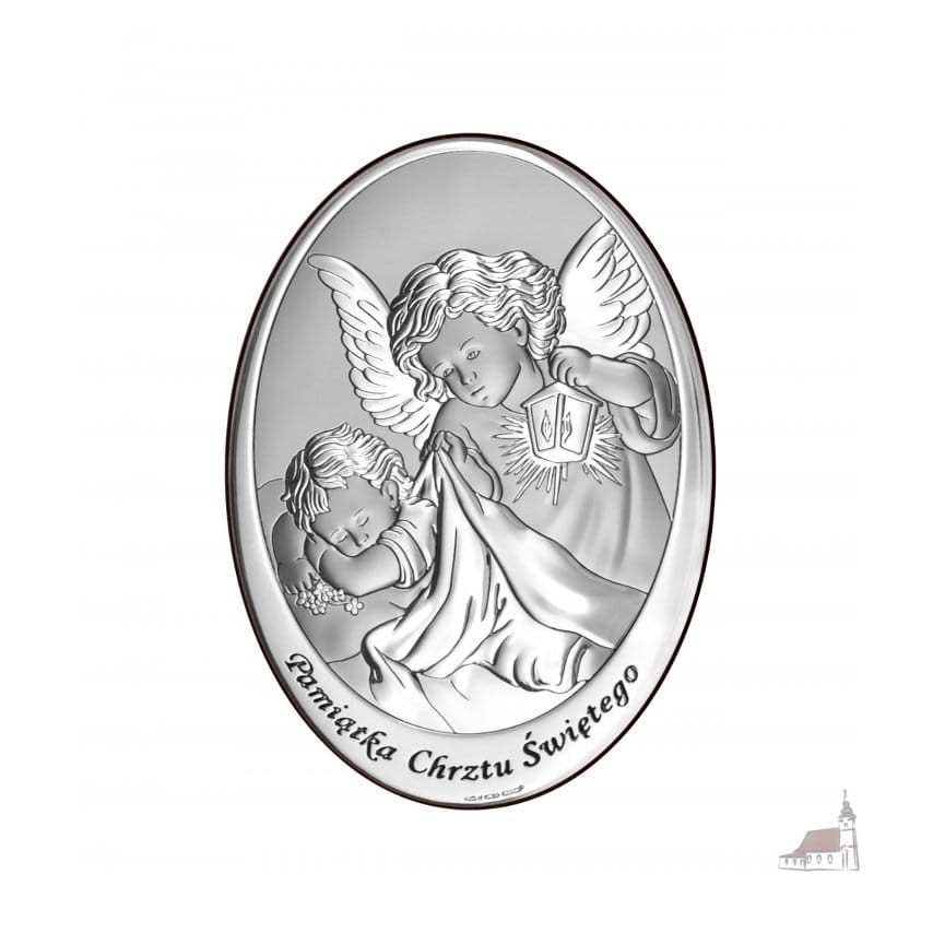 Obrazek srebrny Anioł z latarenką. Owal mały. Grawer gratis