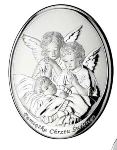 Srebrny Obrazek Pamiątka Chrztu - Aniołki. Owal 13 x 18 cm 