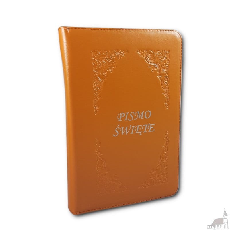 Biblia z kolorową wkładką - oprawa miękka, skóra w kolorze pomarańczowym. Paginatory