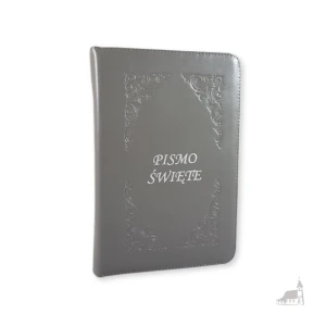 Biblia z kolorową wkładką - oprawa miękka, skóra w kolorze szarym. Paginatory.