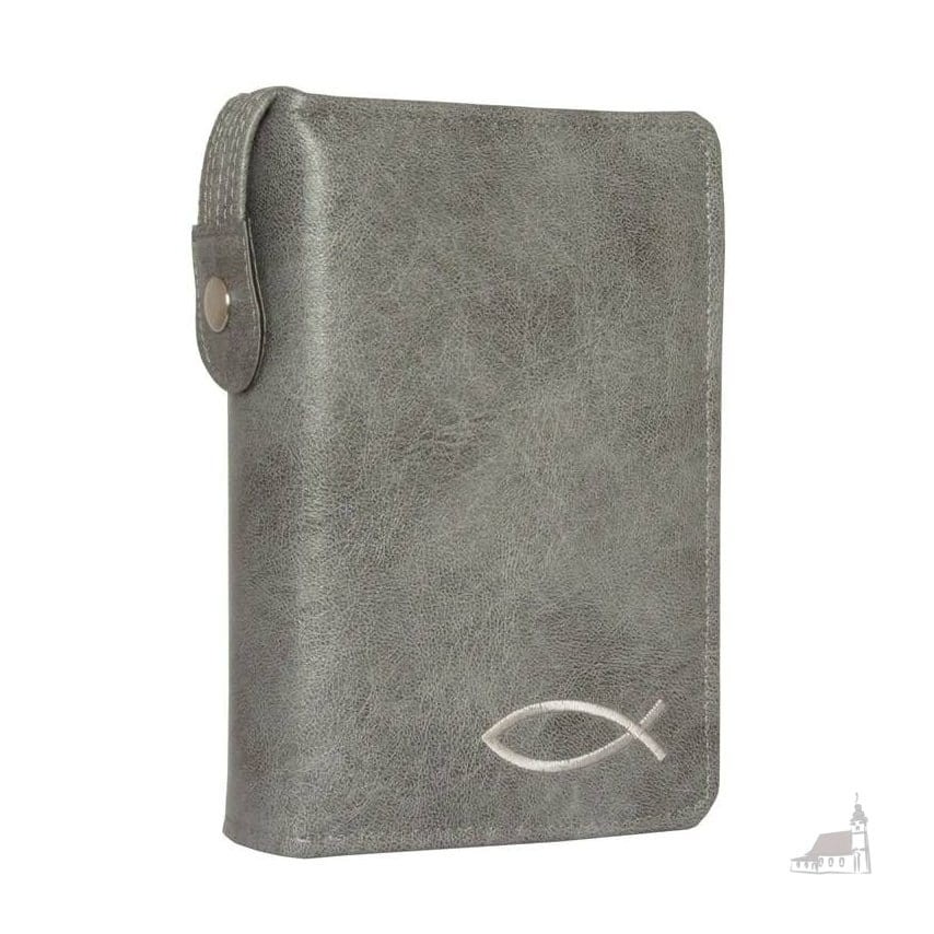 Etui na Pismo Święte Biblia Tysiąclecia Oazowa. Szare z haftem zapinane na zamek.