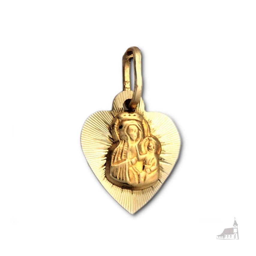 Złoty medalik. Matka Boska Częstochowska w sercu. Złoto próby 585