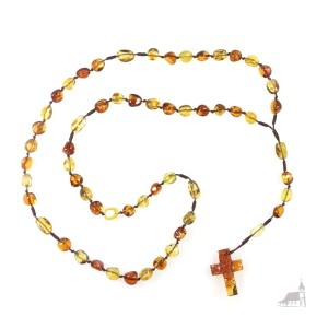 Różaniec bursztynowy na sznurku. Krzyż bursztynowy