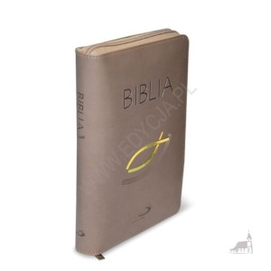 Biblia z kolorową wkładką - Beżowa z suwakiem, złocone brzegi kartek.