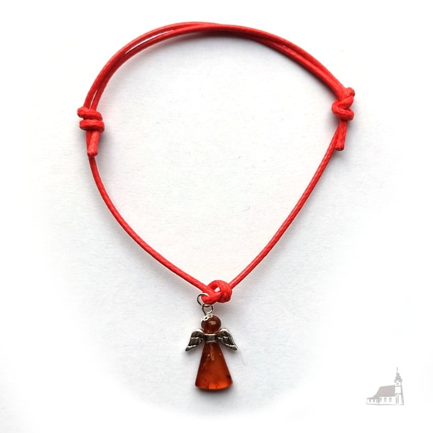 Bransoletka na sznurku. Aniołek z bursztynu ze srebrem. Czerwona