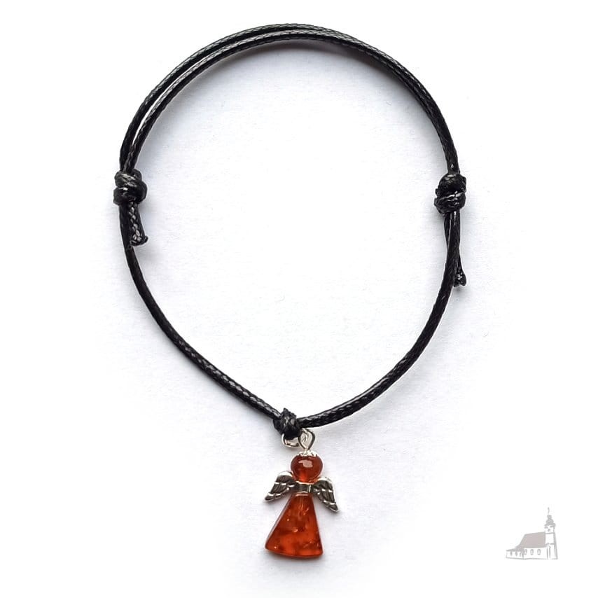 Bransoletka na sznurku. Aniołek z bursztynu ze srebrem. Czarna
