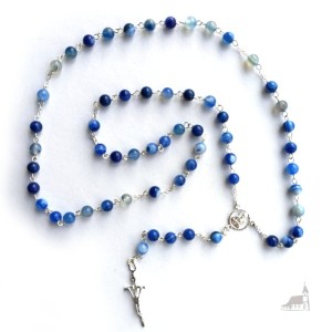 Różaniec niebieski agat + srebro. Krzyż papieski