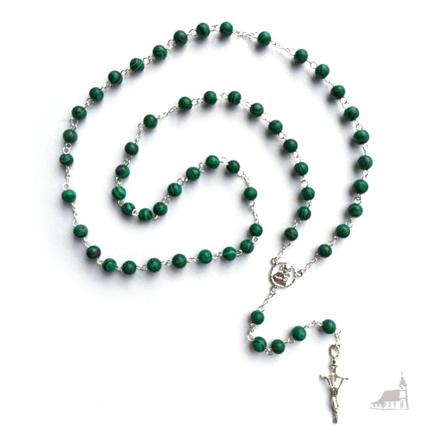 Różaniec malachit łączony srebrem. Krzyż Papieski