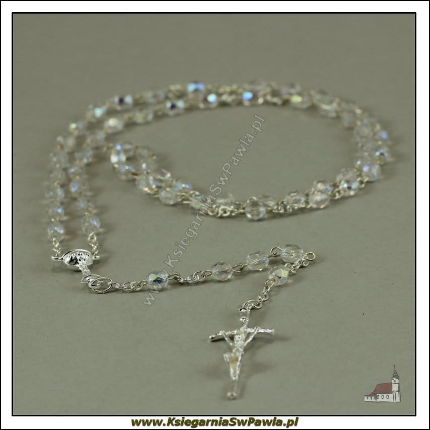 Różaniec biały, fasetowany, przezroczysty. Pamiątka Pierwszej Komunii Świętej.