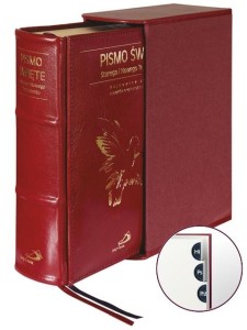 Pismo Święte, Duży format, Paginatory. Twarda, skórzana bordowa oprawa z etui 