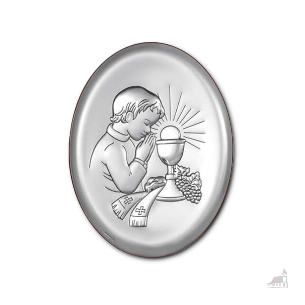 Obrazek srebrny. Pamiątka I Komunii Świętej dla chłopca. Owal średni. Grawer Gratis