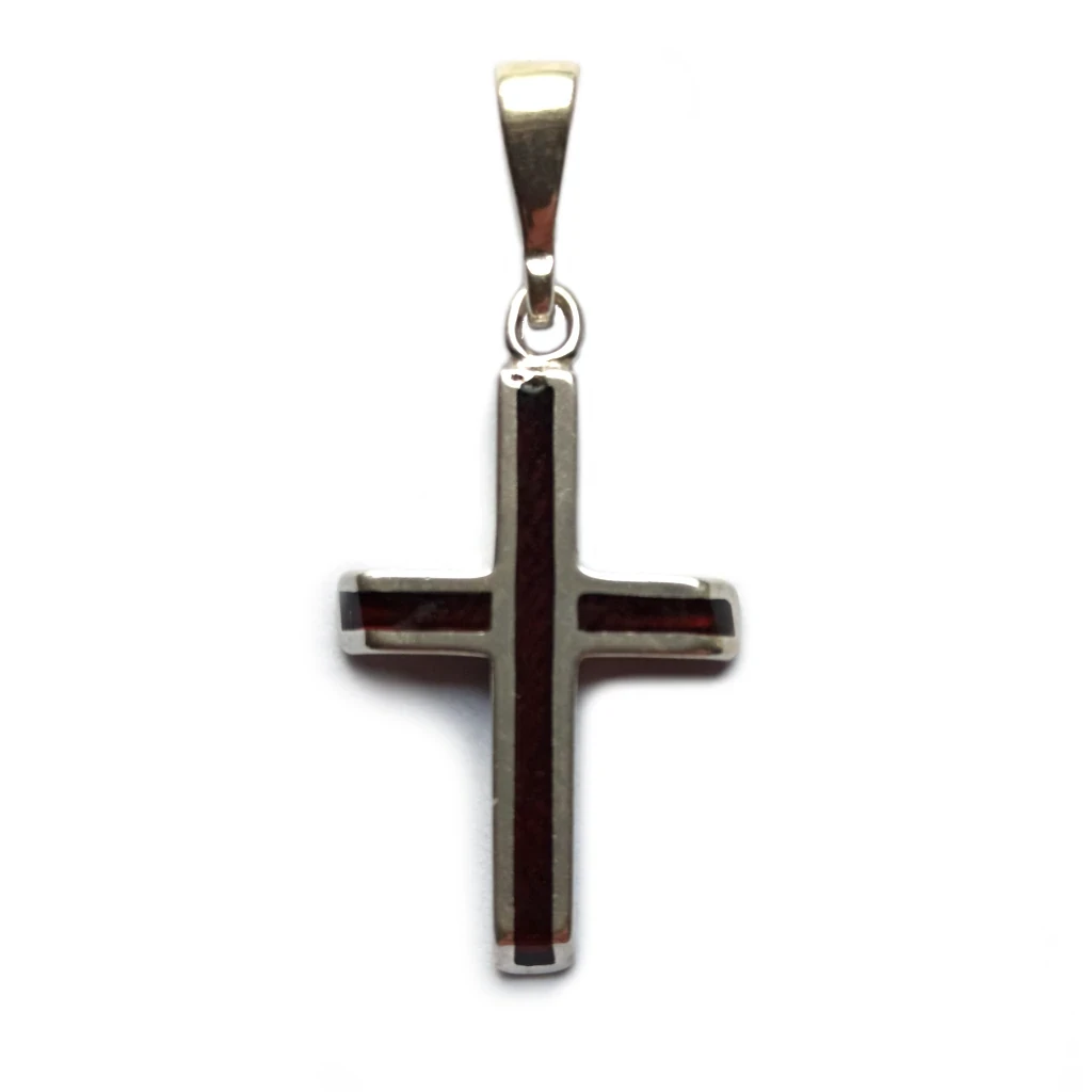 Krzyżyk srebrny z bursztynem