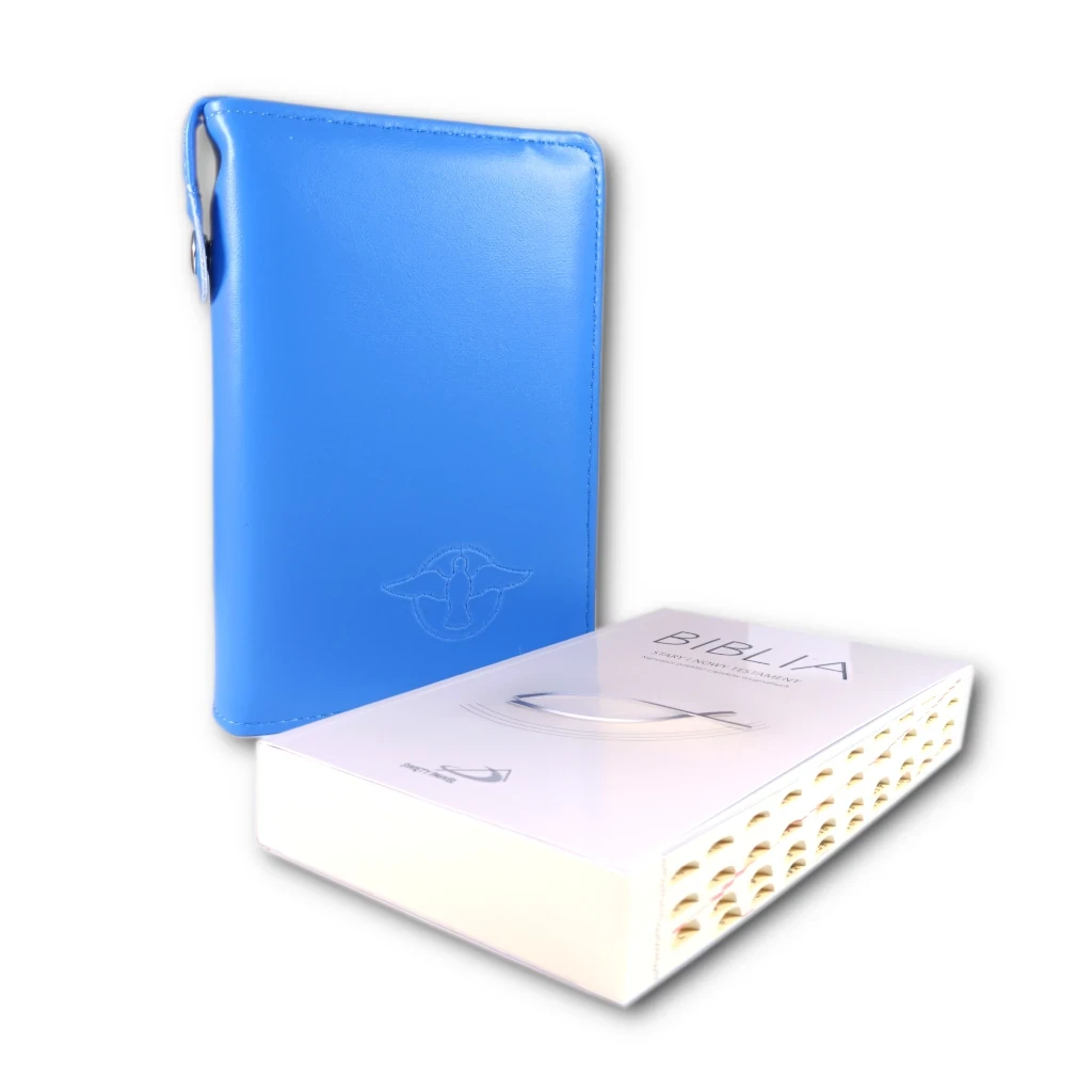 Biblia Stary i Nowy Testament z paginatorami w niebieskim Etui.