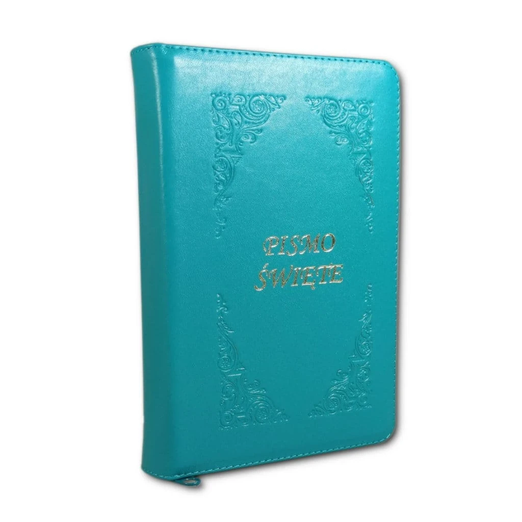 Biblia z kolorową wkładką - oprawa miękka, skóra w kolorze turkusowym. Paginatory.