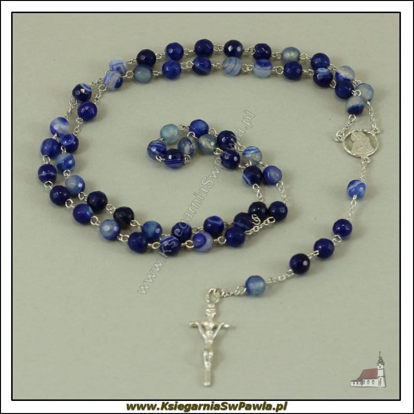 Różaniec niebieski agat + srebro. Krzyż papieski