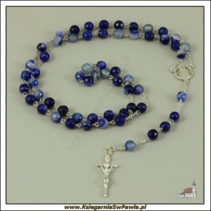 Różaniec niebieski agat + srebro. Krzyż papieski