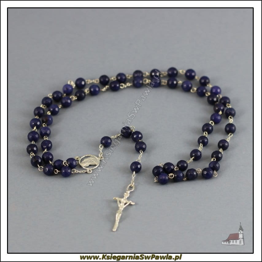 Różaniec Lazuryt fasetowany, łączony srebrem. Krzyż Papieski