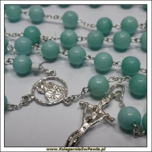 Różaniec jadeit koloru turkusowego łączony srebrem. Krzyż Papieski.