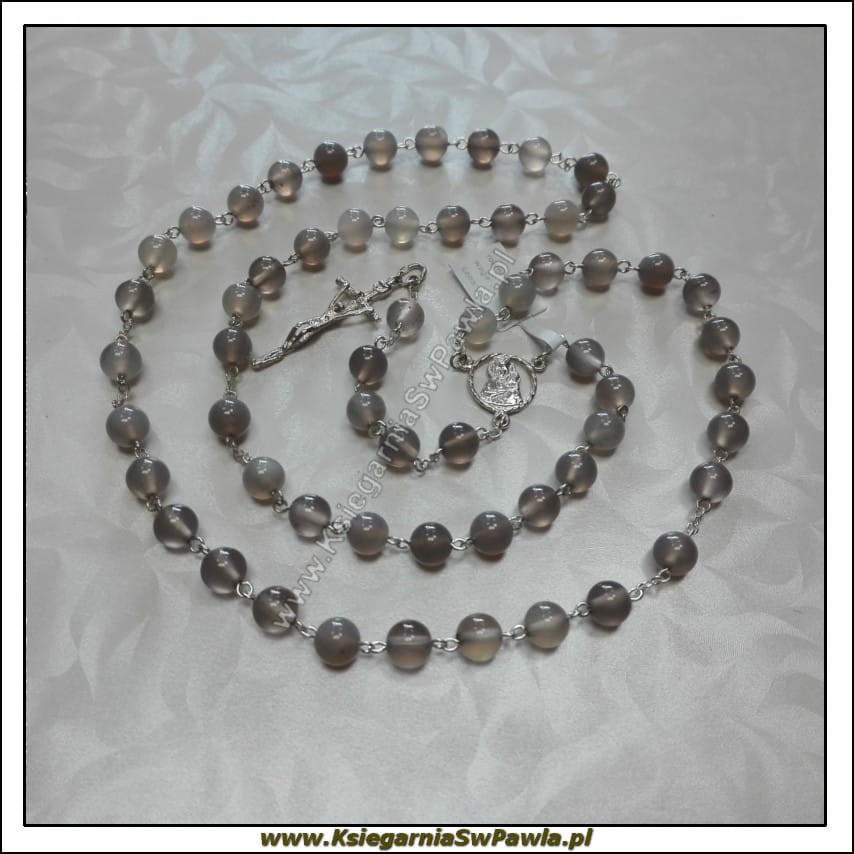 Różaniec agat biały dymiony + srebro. Krzyż Papieski. 